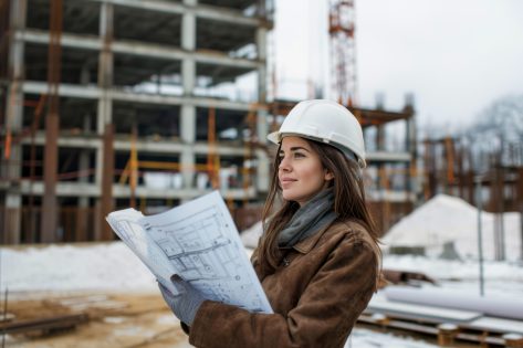 Female architect in hard hat analyzing construction plans at a winter job site.