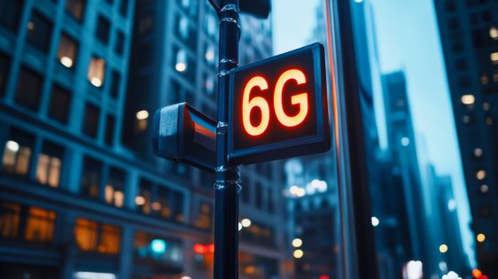 Illuminated 6G street sign against the backdrop of a futuristic smart city skyline, symbolizing the next of advanced wireless connectivity in the telecommunications industry.