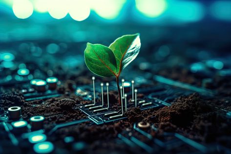 Leaf growing from the soil within computer chips, showing the importance of sustainability within the telecommunications industry 