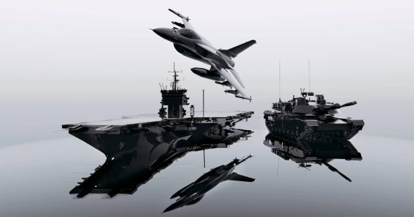 Fighter jet and battleships above water which are an example of EU defence investment